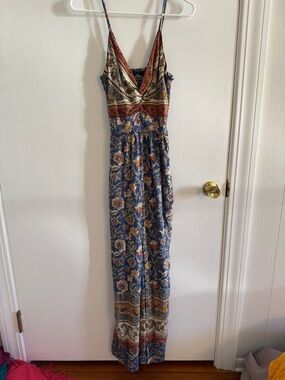 Angie Blue Floral Boho Maxi Dress with Rust Accents